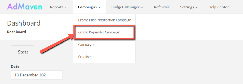 creating a popunder campaign on admaven