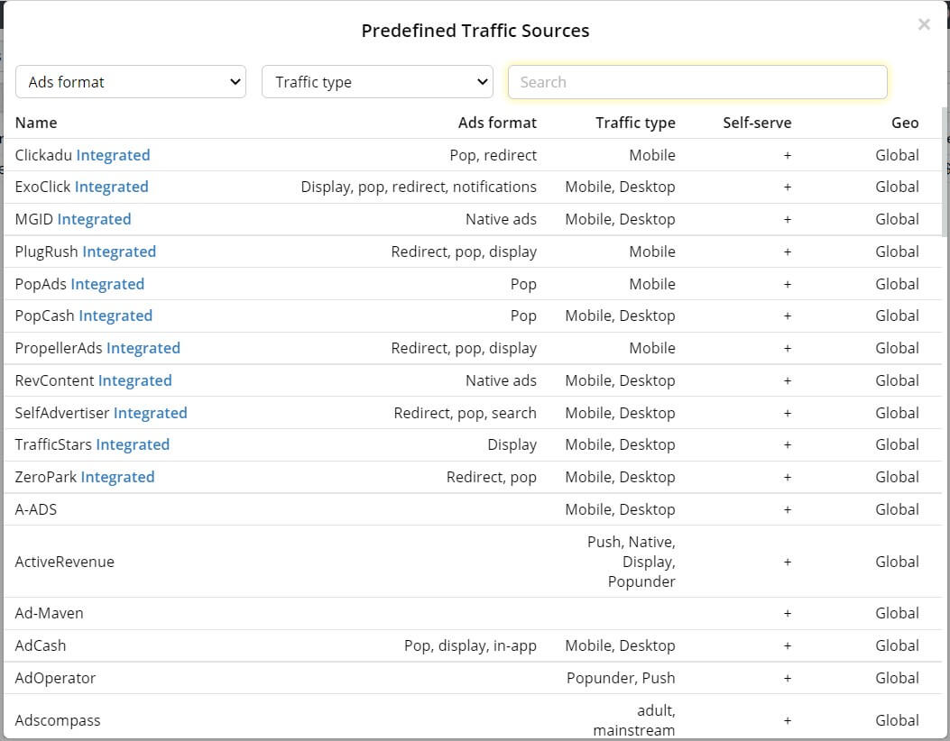 traffic sources templates in binom tracker