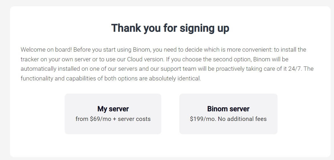 thank you sign up message in binom tracker